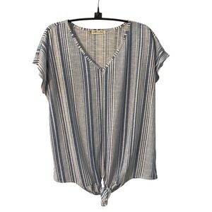 All in Love Womens Blue White Striped V-Neck Front Tie Knot Top‎ Size M